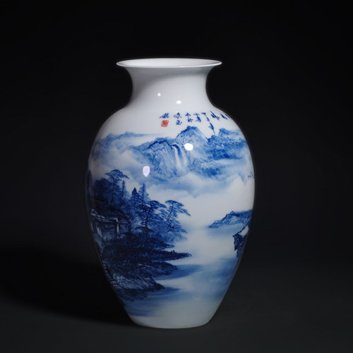名家手绘青花瓷山水白色透明花瓶景德镇陶瓷器现代客厅摆件装饰品