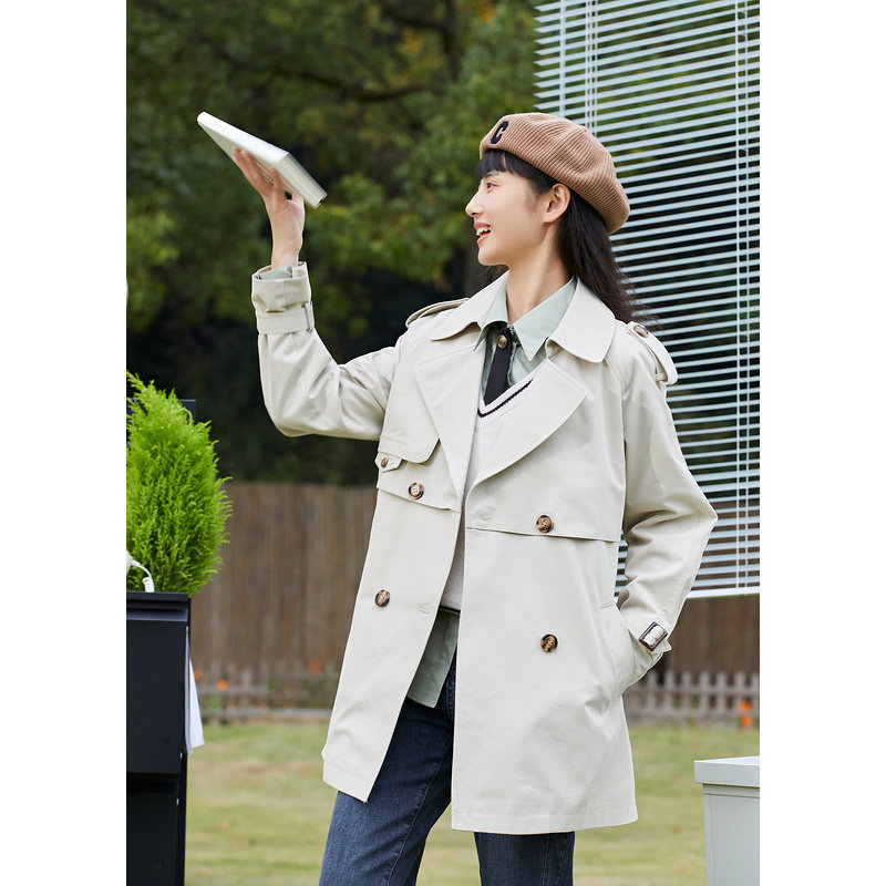 紫涵休闲双排风衣2022春季新款纯色女外套腰带风衣