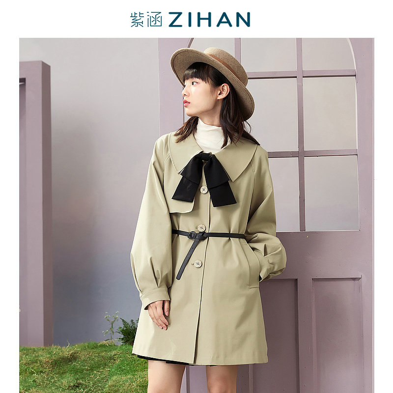 紫涵腰裙中长经典大衣防风袖收新款灯笼风衣风衣