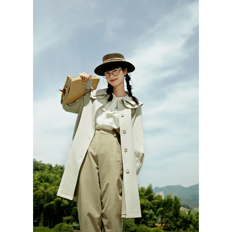 紫涵复古翻领风衣女中中长纯色2022秋季新款短外套