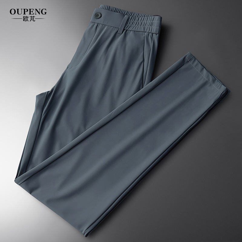 高端丝滑男裤子夏季超薄款冰丝面料高弹力直筒休闲裤半松紧腰西裤