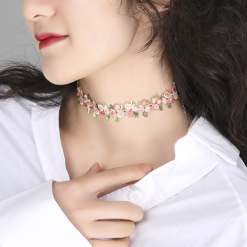 项链女日韩网红chocker项圈超仙森系花朵刺绣短款脖子链简约颈链_双氙