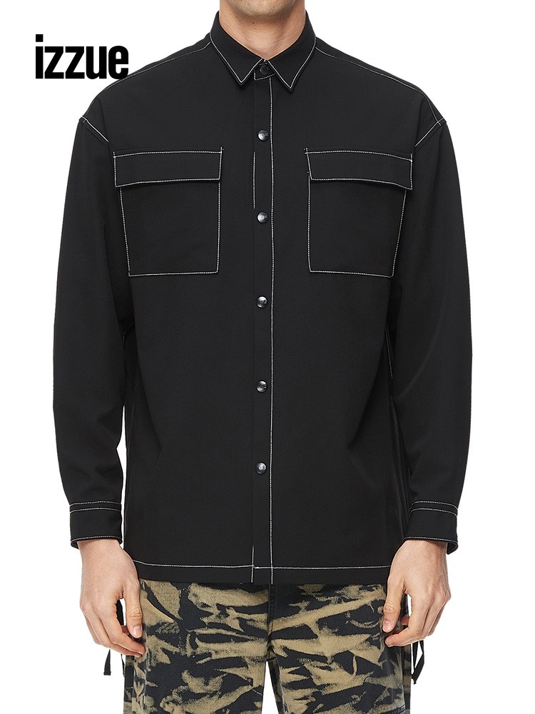 izzue男装长袖衬衫2022春季新品时尚撞色车线饰衬衫