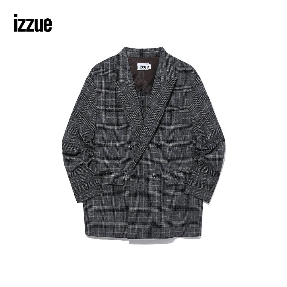 izzue女装西装外套春秋潮流宽松格纹抽皱袖管西装