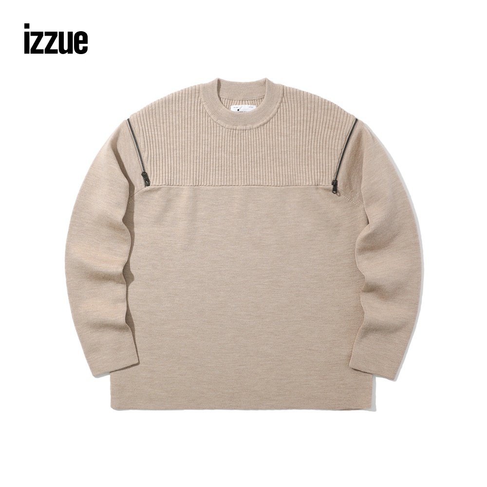 izzue女装针织毛衣冬季时尚罗纹拼接拉链修饰毛针织衫