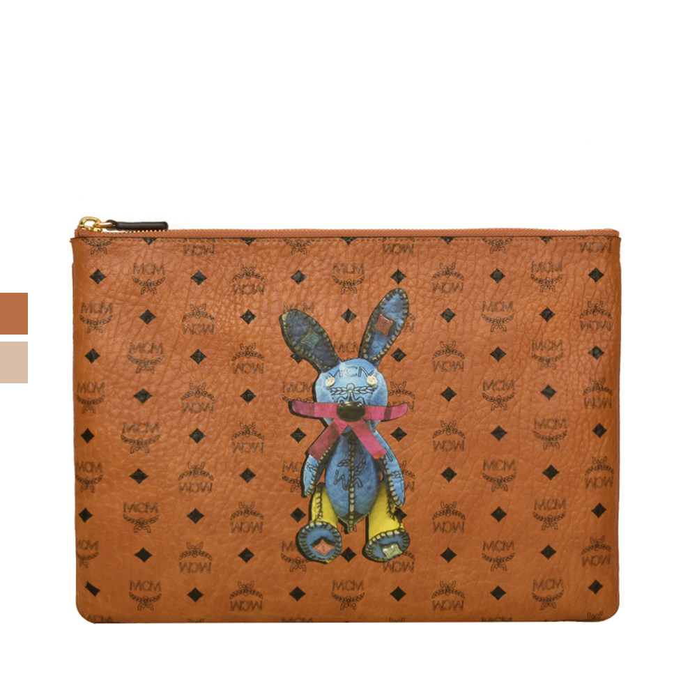 mcmrabbit小兔子印花咖色米色pvc女士手袋手拿通用款女包