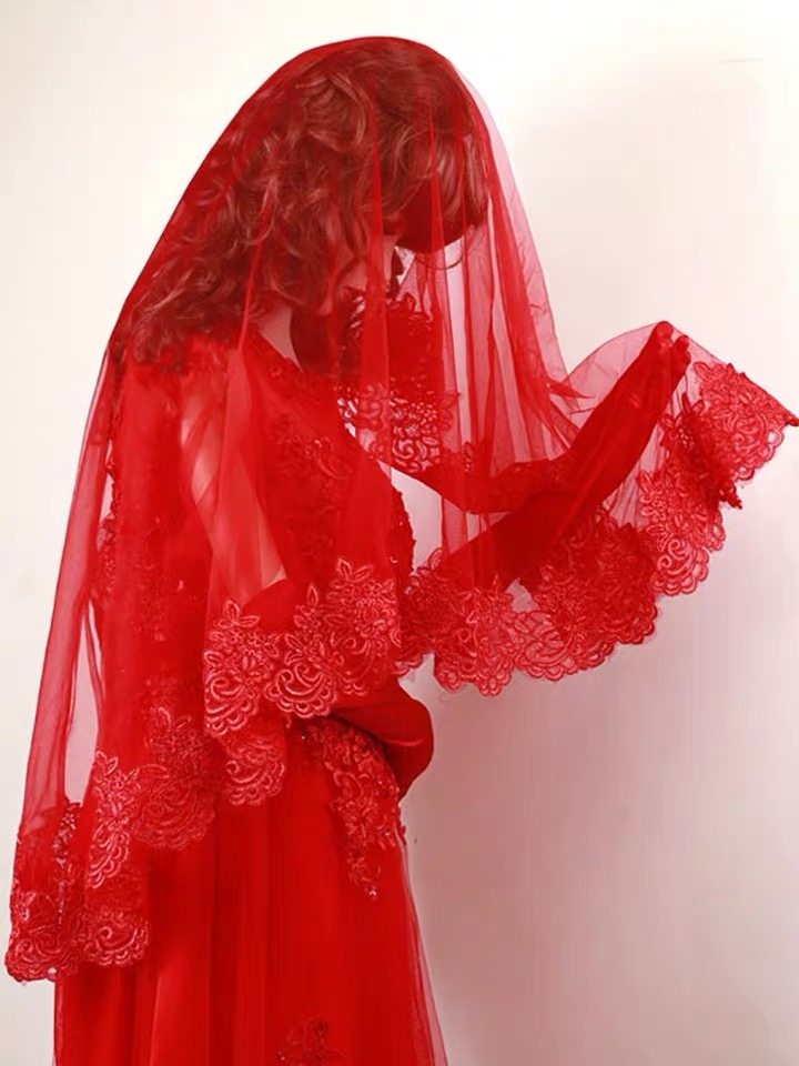 头纱红色复古蕾丝遮面盖头中式短款软纱影楼头纱