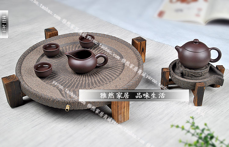 时来运转石磨茶盘石头茶台圆形客厅石墨茶海家用茶盘