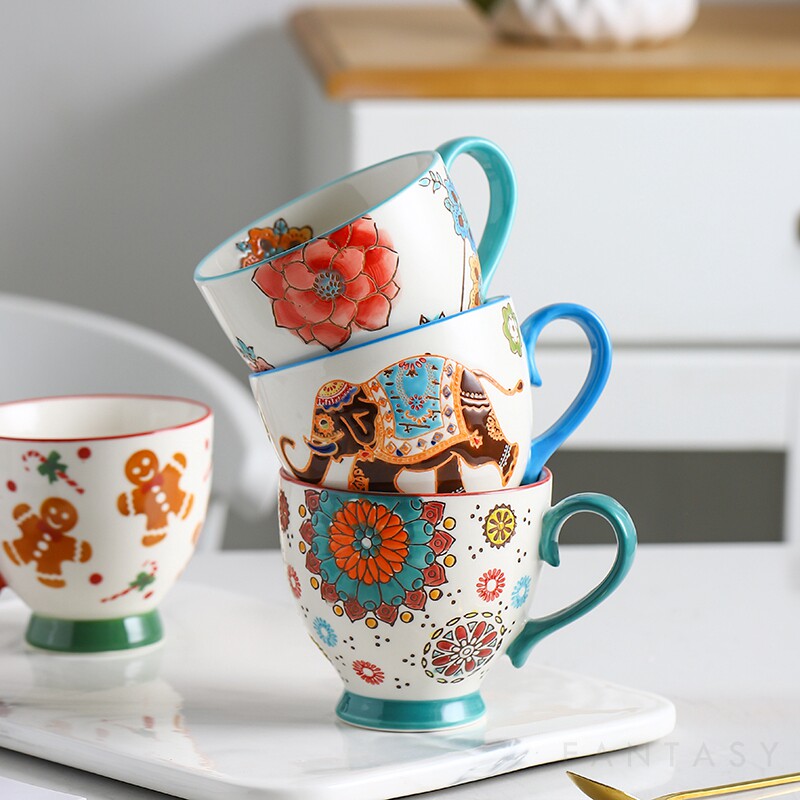 出口美国浮雕手绘釉下彩水杯美式田园风家用水杯喝水的杯子创意杯