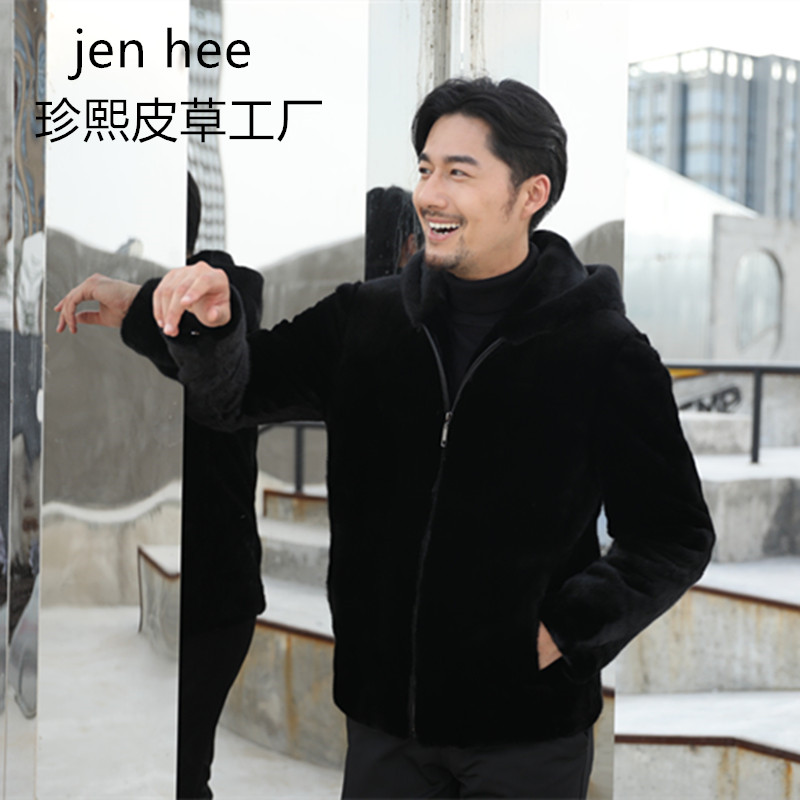 2021冬季进口天鹅绒整貂皮大衣男士外套短毛水貂皮草修身连帽真貂