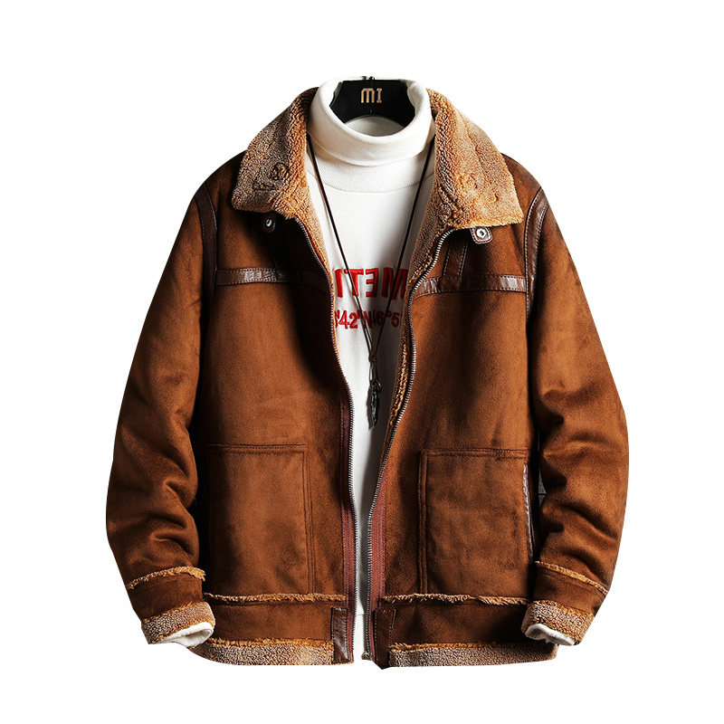 夹克青年拼色口袋男大外套毛外套羊羔加厚棉袄棉衣