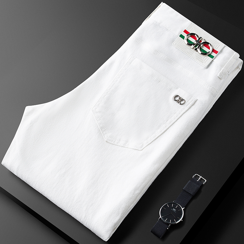 简欧轻奢弹力水洗牛仔裤男白色夏季薄款休闲裤子男修身直筒长裤男