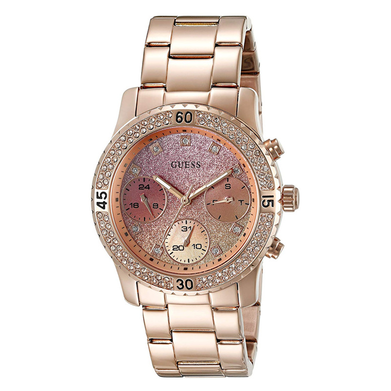代购正品guess渐变粉镶钻水晶表盘时尚时装钢带石英女手表u0774l3