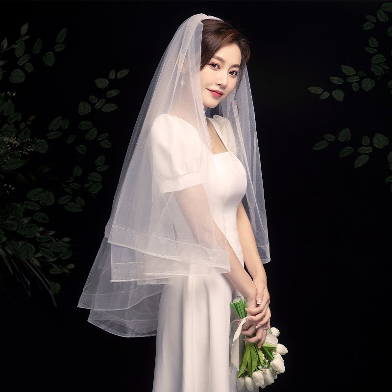 新款头纱新娘主婚婚纱白色中长轻纱头饰超仙头纱