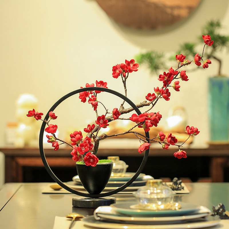 新中式仿真梅花铁艺盆景摆设塑料假花客厅软装饰品摆件餐桌花套装