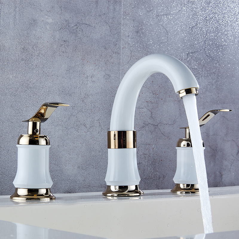 水龙头欧式冷热面盆全铜三孔金色台下卫生间浴室柜面盆龙头