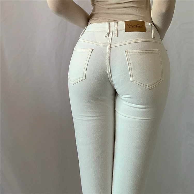 紧身大小小个子浅色夏季中高高腰破洞毛边牛仔裤牛仔裤