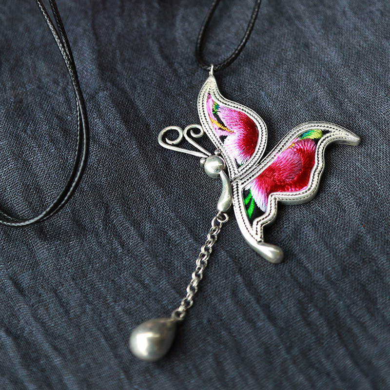 项链云南民族风复古个性手工苗银刺绣蝴蝶饰品项链