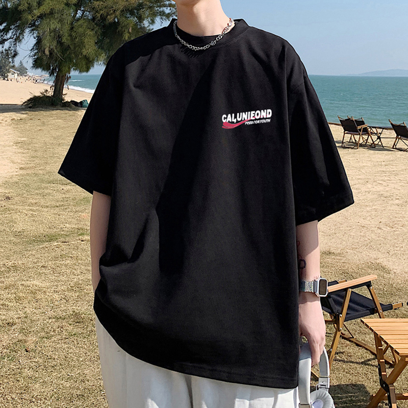 vintage美式小领口男士短袖t恤精梳棉高克重磅上衣服简约印花港风