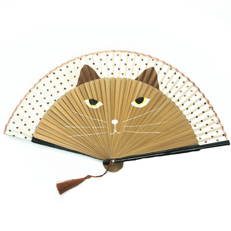 手绘猫扇烤漆和风女生竹叠折扇卡通新品真丝扇子