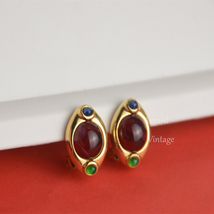 coroek琉璃珐琅彩宝金色耳钉耳夹合集vintage耳环