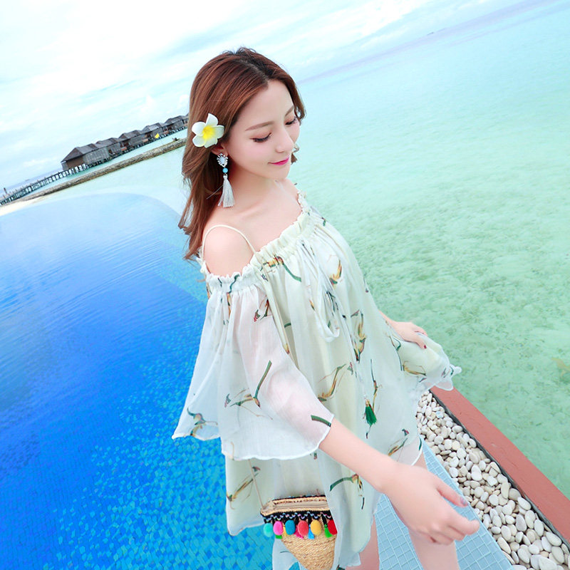 夏雪纺海边度假抹胸沙滩裙小清新短裙甜美连衣裙一字领露肩吊带仙