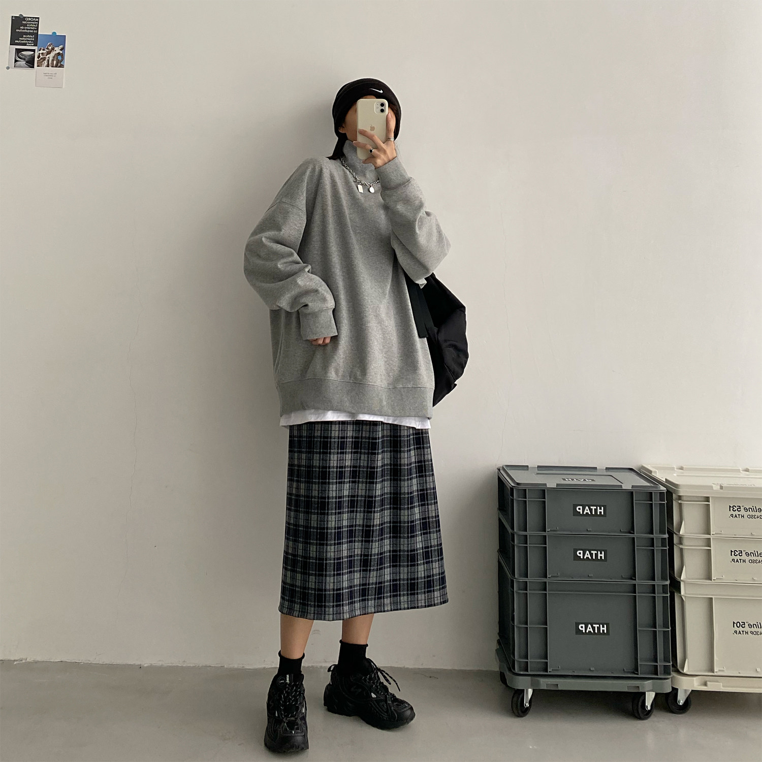 sun复古格子裙女春季韩版新款百搭高腰直筒半身裙