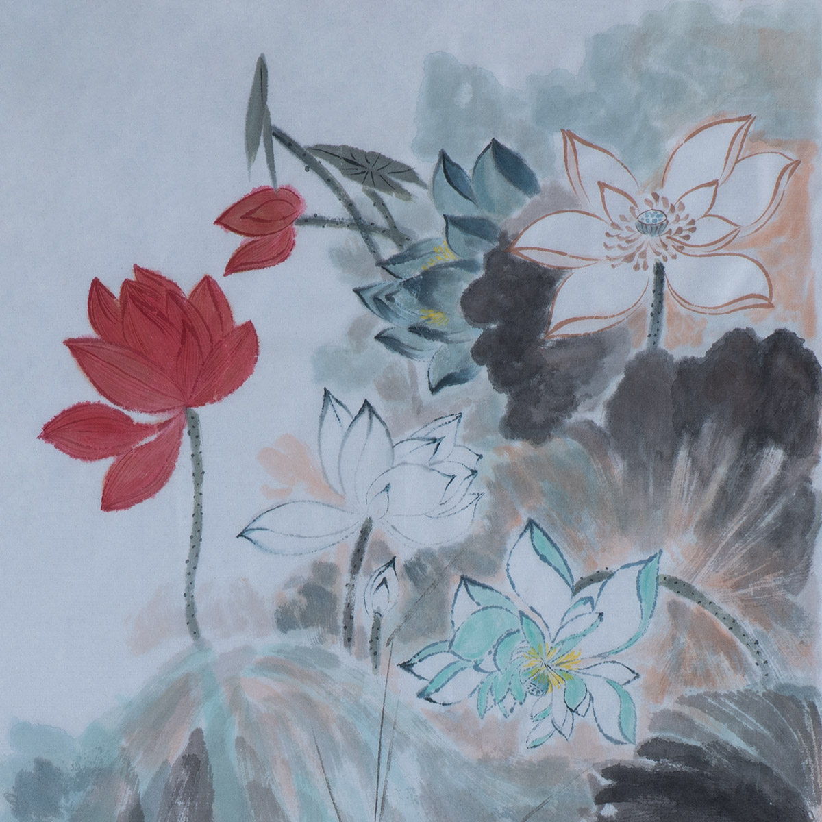 花鸟书房客厅荷花五彩国画水墨字画手绘写意国画