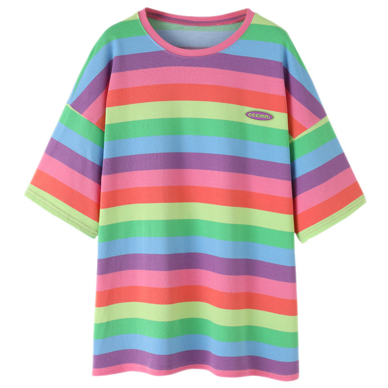 追苑大版女t恤2020夏季韩版网红宽松ins潮中长款彩色条纹短袖上衣