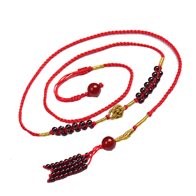天然石榴石腰链本命年招财好运结编织红腰链红玛瑙转运珠红腰绳女