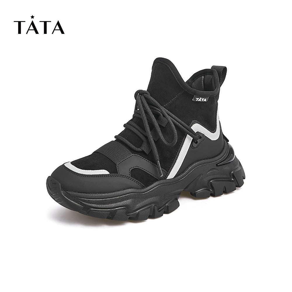 tata他她2021时尚厚底休闲高帮鞋百搭系带女鞋高帮鞋