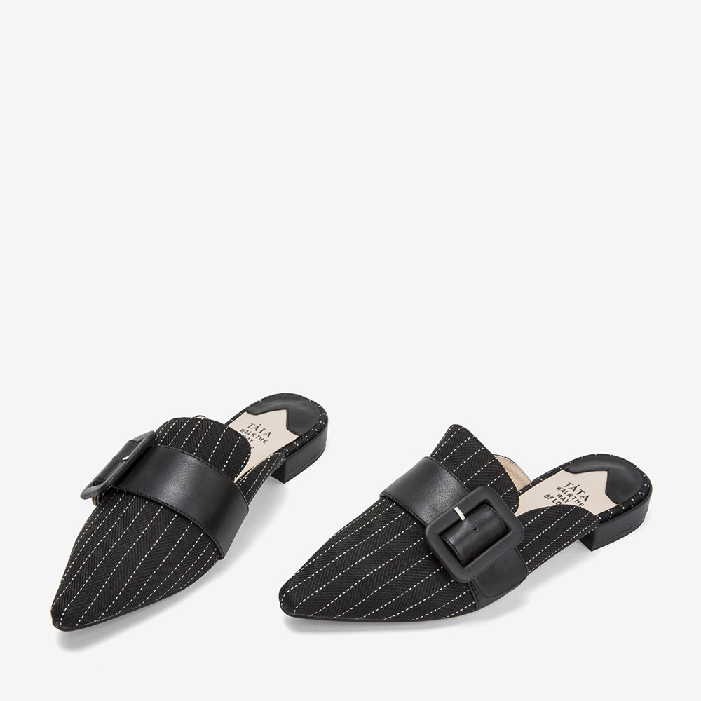 【清仓特卖】tata他她秋条纹布尖头穆勒鞋女拖鞋2be01ct8o