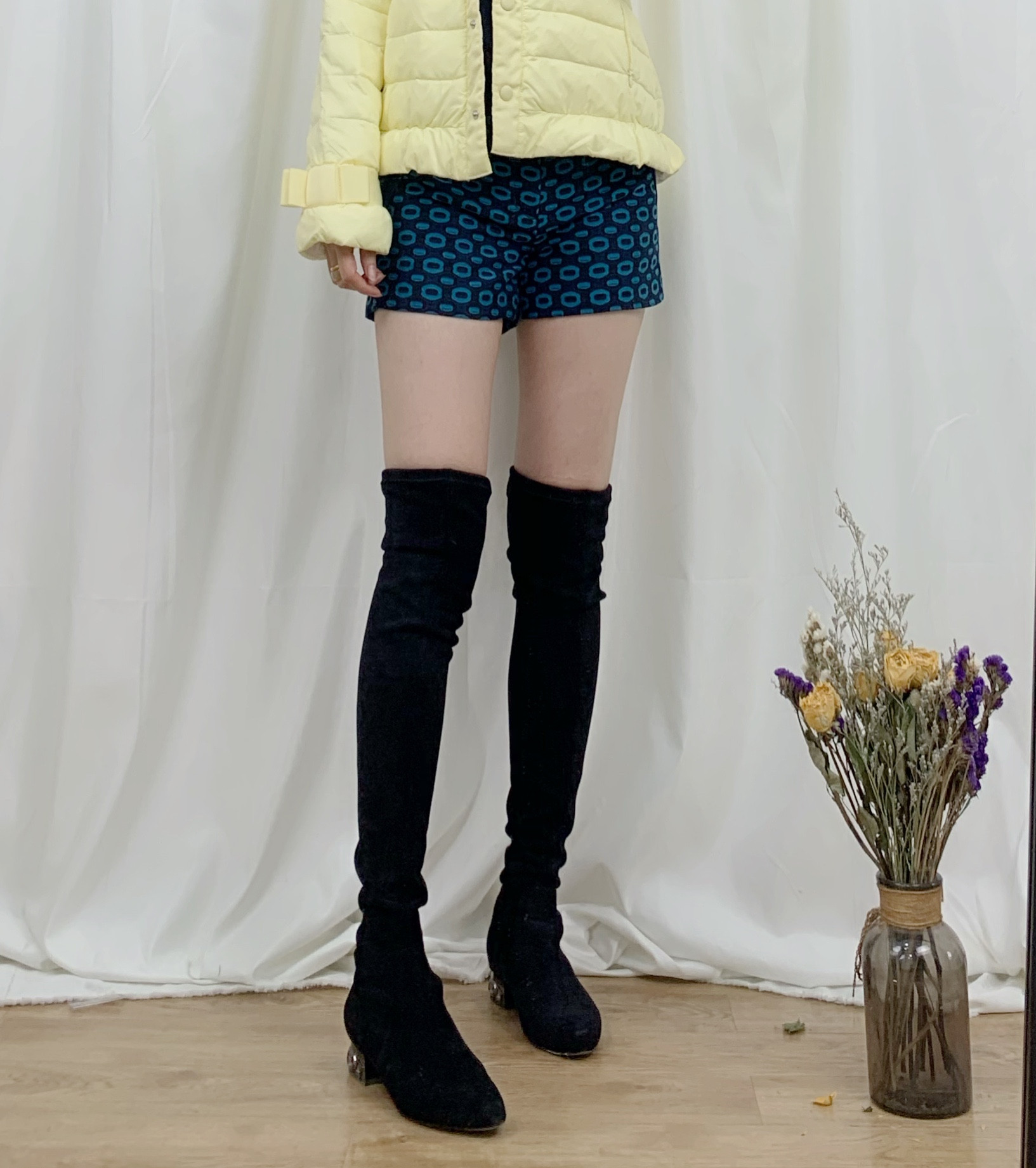 亏清白捡柜299元中腰拉链款瓷实厚实蓝色显瘦百搭短裤靴裤秋冬季