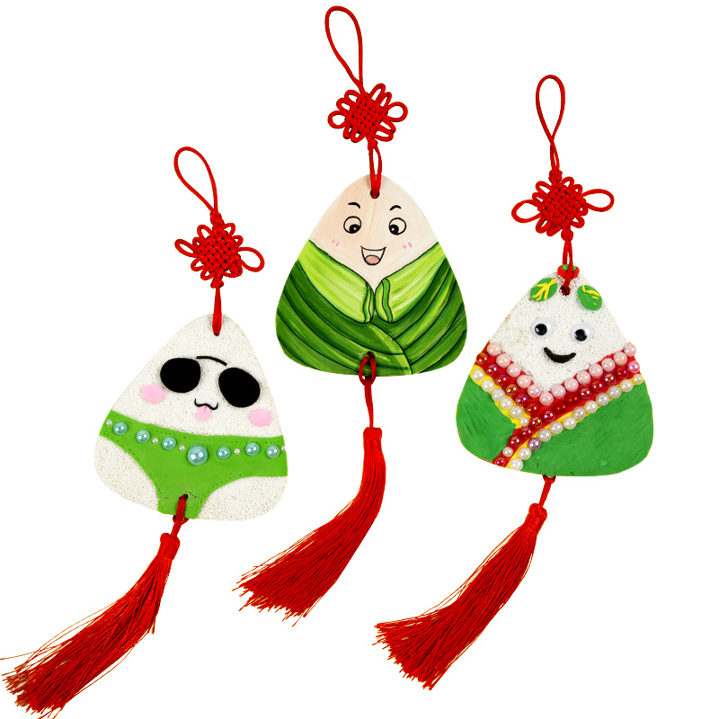 制作端午节手工diy木质白胚粽子挂饰儿童涂色白模填色