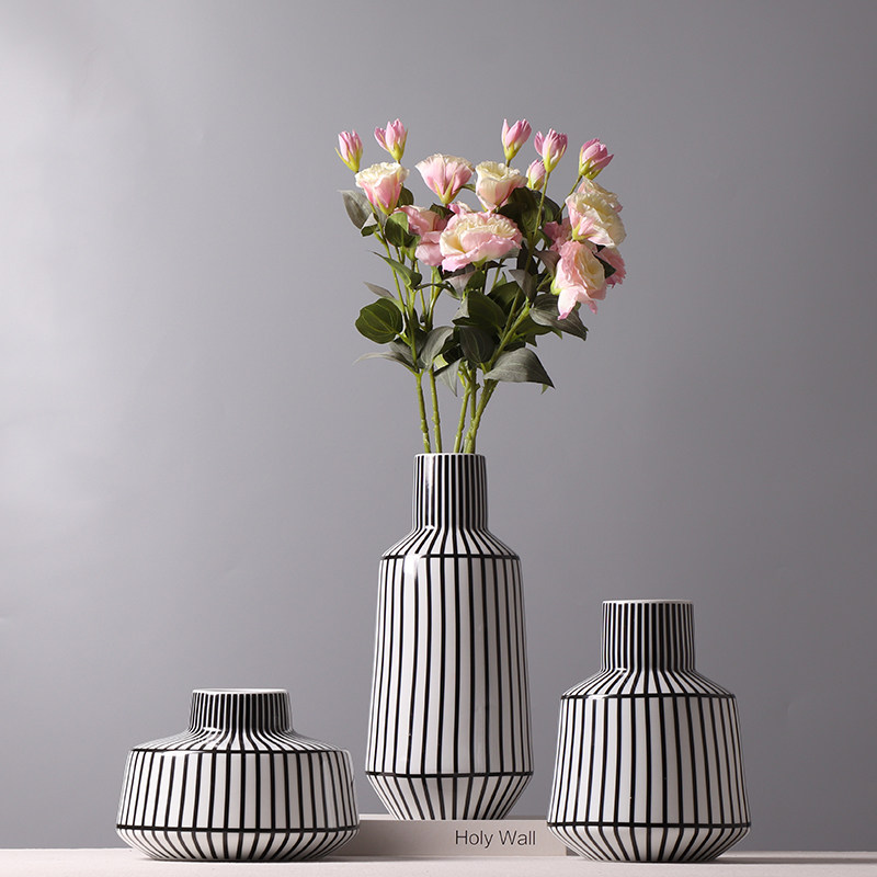 北欧黑白拼色条纹花瓶样板房陶瓷插花摆件创意花瓶