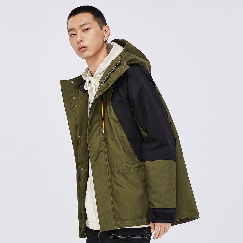 卡宾男装休闲羽绒服外套潮流撞色拼接抽绳暖长款羽绒服