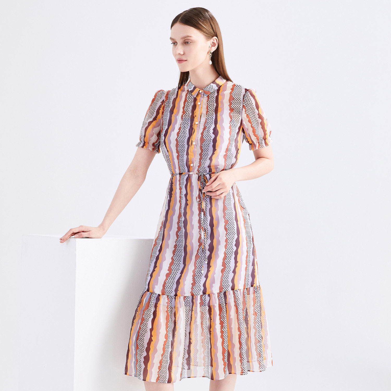 juzui玖姿官方奥莱店2021夏季新款撞色波点珍珠纽扣优雅女连衣裙