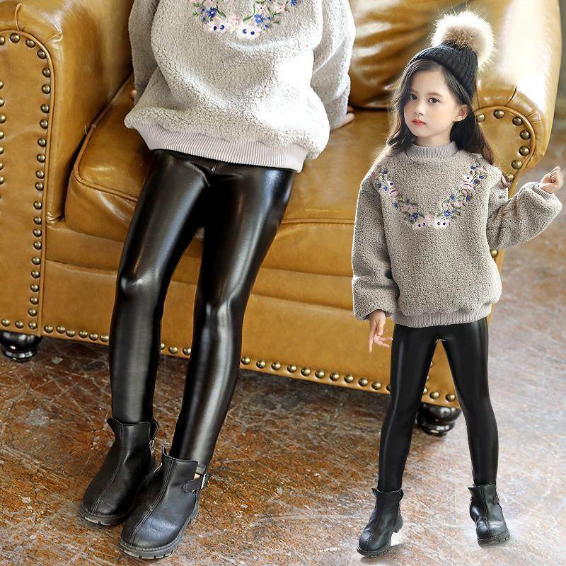 e308女童皮裤加厚新款2020儿童打底裤中大童外穿洋气加绒裤子