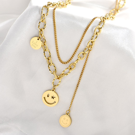 Titanium steel round brand smiley double -layer clavicle chain female hip -hop street cool girl thick chain accessories personalized necklace tide Titanium steel round brand smiley double -layer clavicle chain female hip -hop street cool girl thick chain accessories personalized necklace tide
