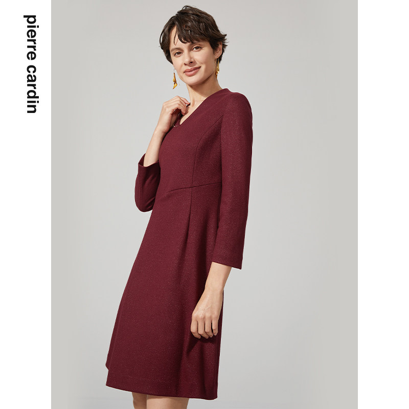皮尔卡丹女装专柜正品品酒红色羊毛连衣裙时尚高端连衣裙