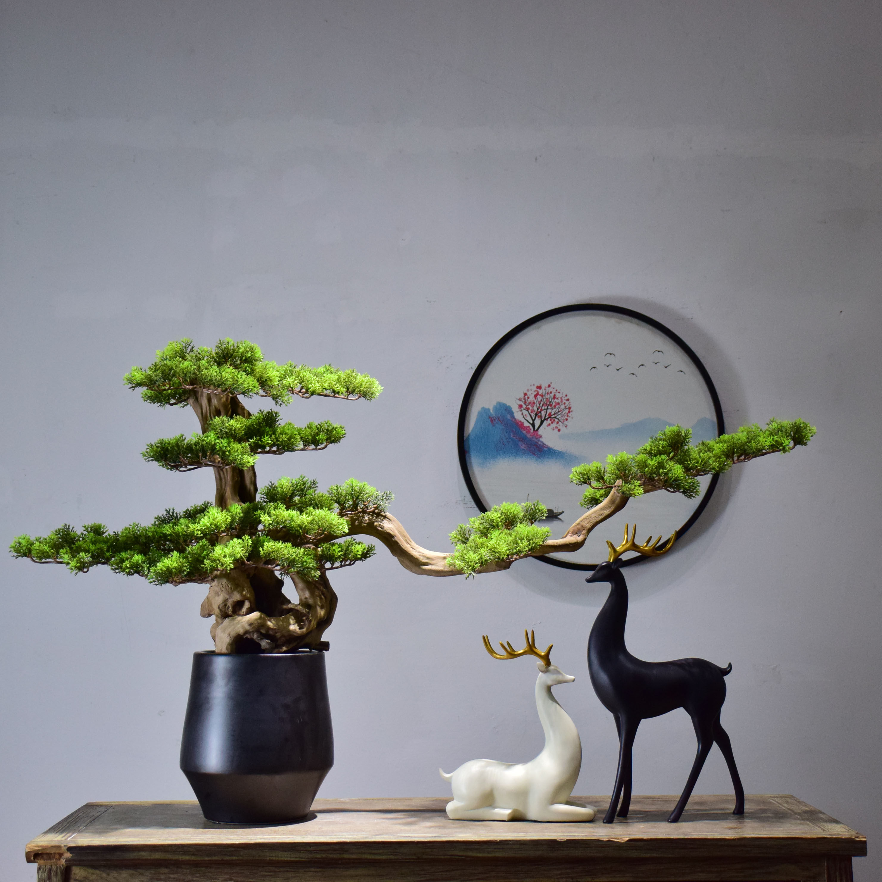 新中式绿植会所玄关酒店客厅摆件大型盆景实木摆件