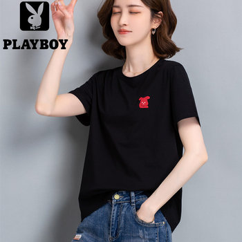 ເສື້ອຍືດແຂນສັ້ນ Playboy ຄໍສຳລັບຜູ້ຍິງ ນຸ່ງເສື້ອລະດູຮ້ອນ trendy bunny embroidered t-shirt mercerized cotton half-sleeved top