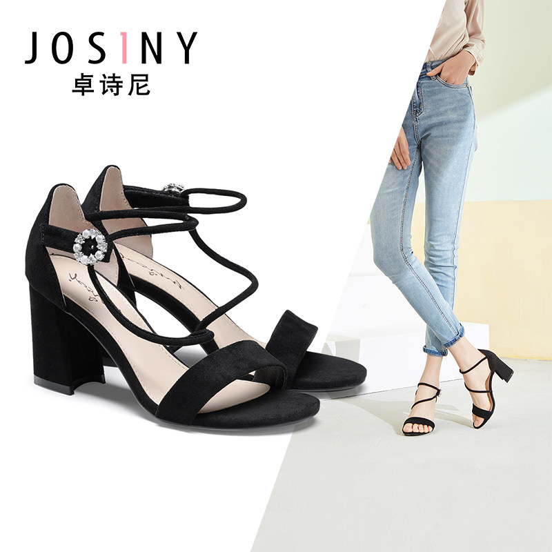 凉鞋josiny卓诗尼夏季新款女鞋子女时尚高跟反绒时装凉鞋