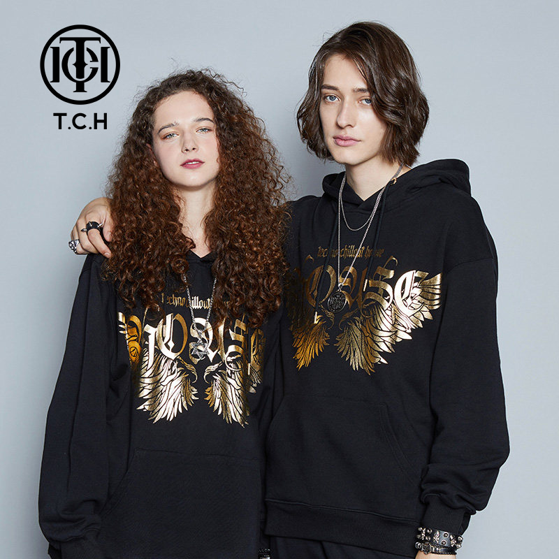 TCH潮牌卫衣男女 年新款宽松烫金印花帽衫翅膀T191128A04