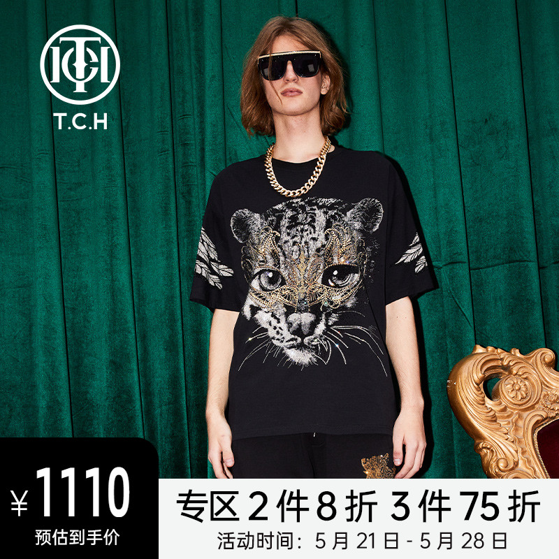 TCH轻奢潮牌面具猫猫字母烫钻黑色T恤T213106033