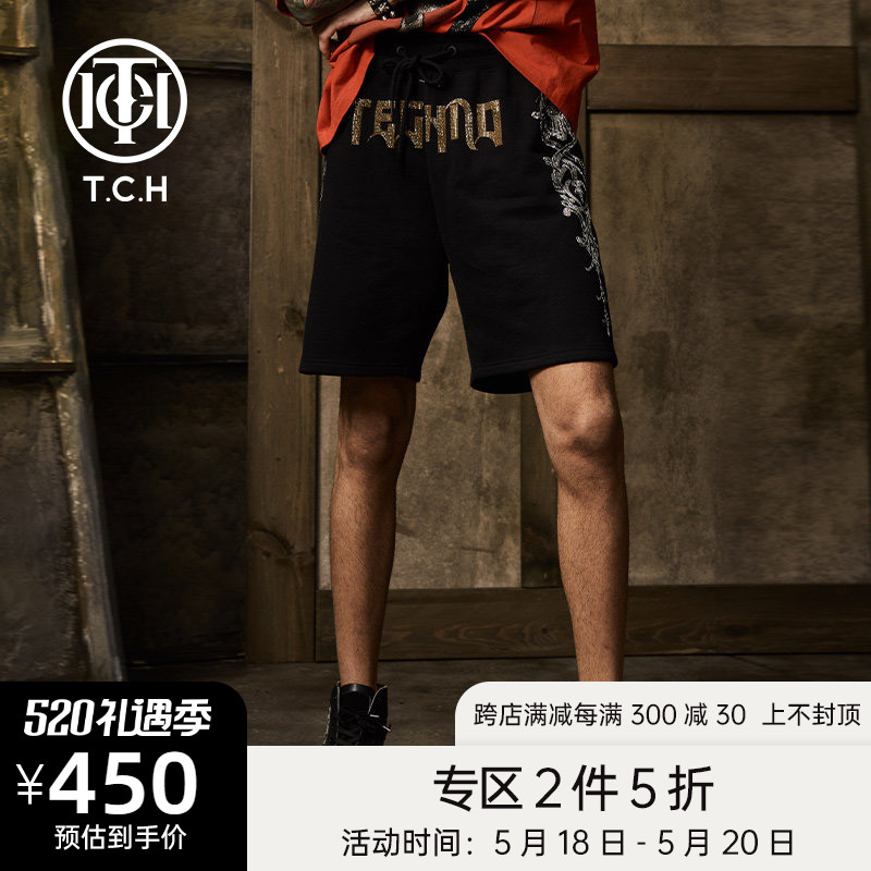 TCH轻奢潮牌大C两侧几何图案烫钻男女同款短裤T202216008