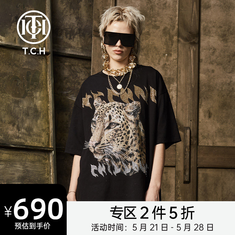 TCH潮牌大C金色豹头T烫钻宽松T恤男女同款T202106069
