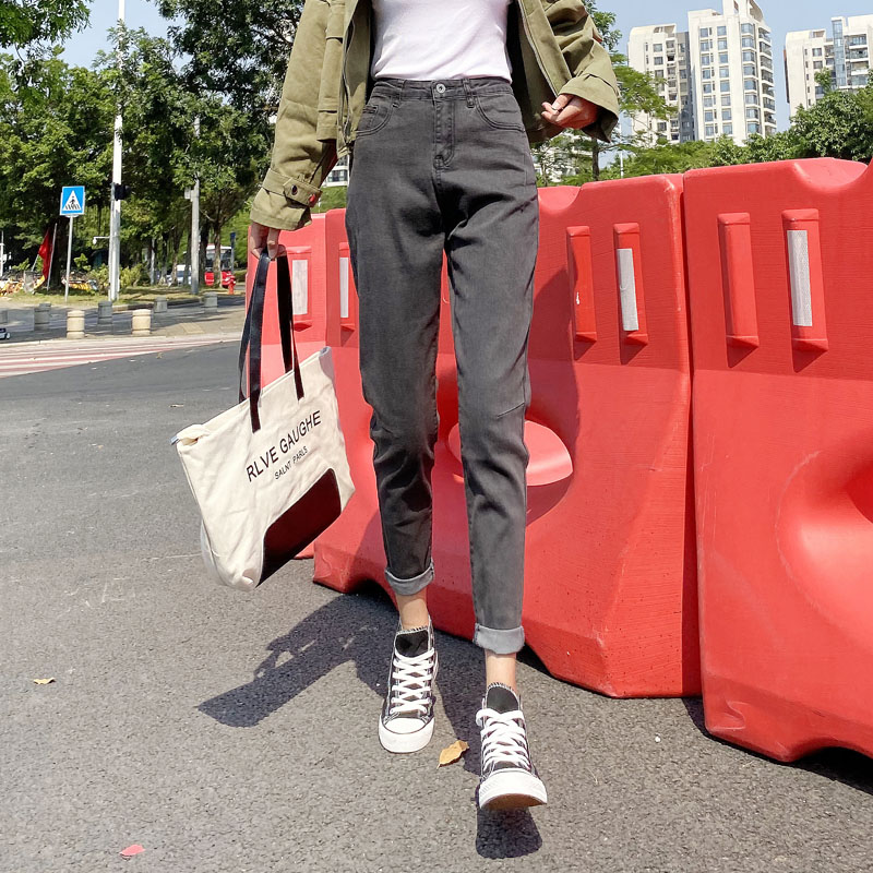 2021新款潮秋冬弹力哈伦高腰牛仔裤女宽松烟灰色萝卜裤子显瘦百搭