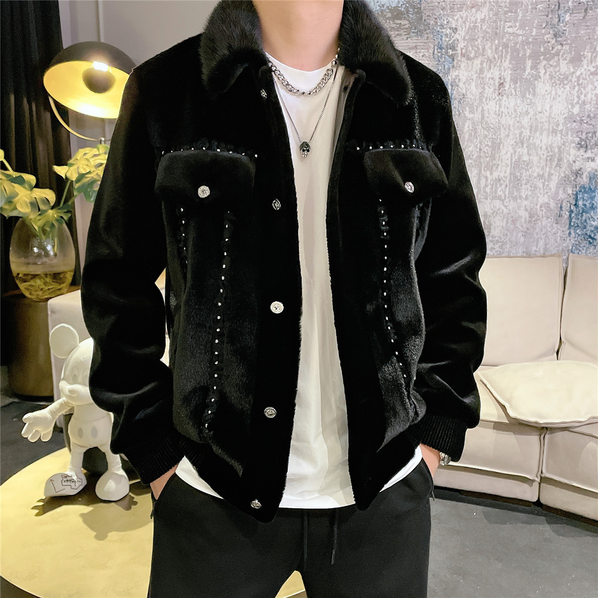 海宁皮草金貂绒皮毛一体外套男冬季加厚保暖烫钻水貂翻领休闲夹克