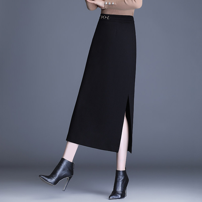 半身春秋2021新款洋气直筒长裙高腰开叉半裙半身裙